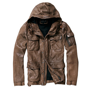 
2025 new product for men's retro old mid-length casual European and American simple hooded sheepskin jacket motorcycle leather jacket