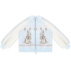 
ziziFei autumn and winter new American retro design contrast color spliced bunny sweater cardigan zipper jacket for women