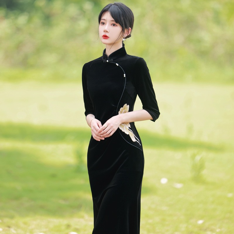 Velvet long black retro lightweight advanced cheongsam, long sleeve, city style, 