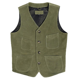 
Dark green suede cowhide genuine leather jacket for men with four pockets vest American retro Ami khaki style