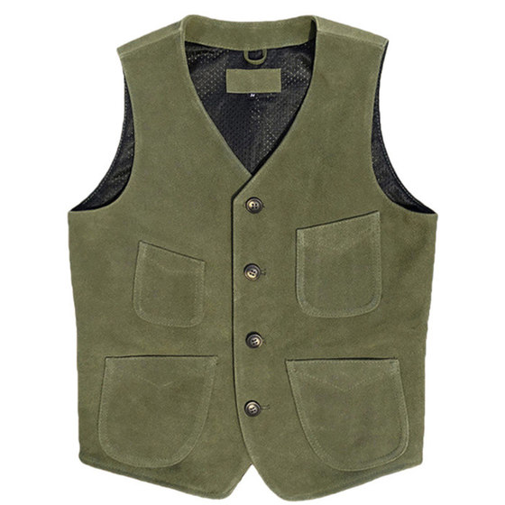 
Dark green suede cowhide genuine leather jacket for men with four pockets vest American retro Ami khaki style