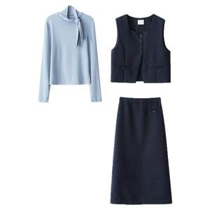 
Ximeng 2025 new autumn and Korean style, niche, unique, age-reducing, good-looking, three-piece set with T-shirt and skirt