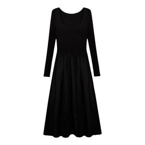 Mulvan square long -sleeved knitted dress women's French temperament high -level sense waist thin A -line stitching long skirt