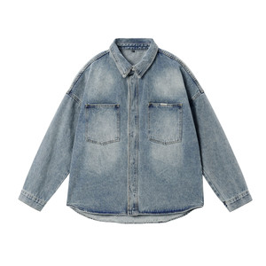 
JHYQ American retro washed distressed denim shirt jacket men's trendy brand loose casual contrast color jacket top