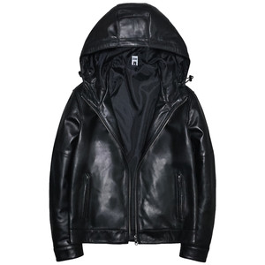 Soft head layer cotton leather leather clothes male slim short -fitted hoodie business casual simple jacket outer jacket
