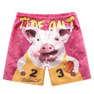Trendy, loose dry sand pants Male couple, seaside vacation pork print shorts, ti -pants hot spring swimming trousers