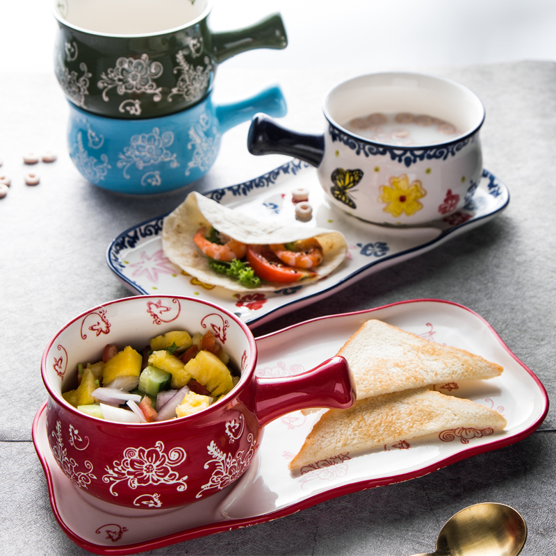 华孚日式陶瓷带把碗盘早餐餐具套装家用一人食燕麦碗早餐碗焗饭碗