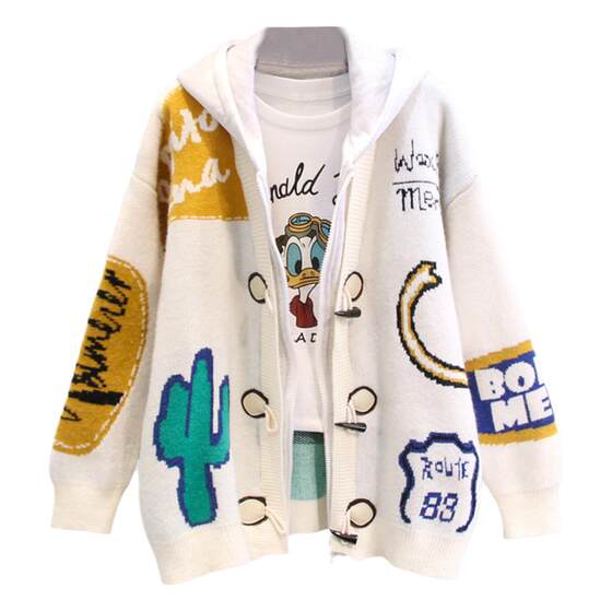 
Fashionable brand spring and autumn loose lazy style men and women couples' outfit design knitted cardigan fake two-piece hooded sweater jacket