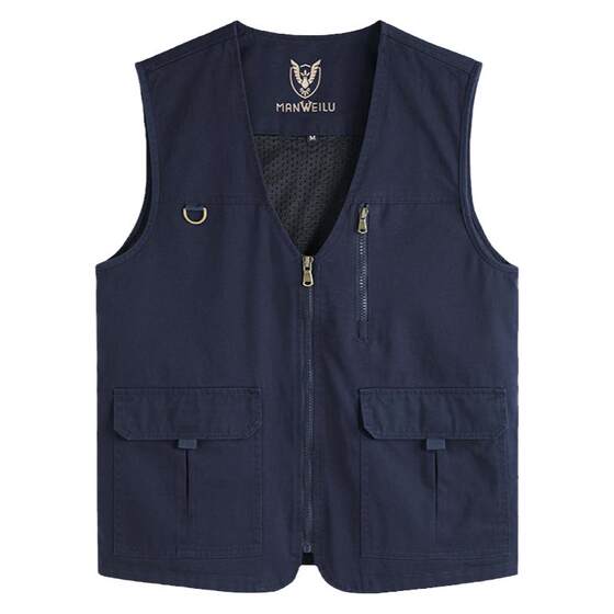 Men's non -collar pure cotton vest spring and autumn vest multi -pocket horse clip in the middle of the elderly casual loose, large size, shoulder jacket
