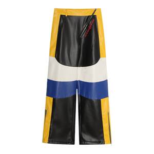 AFGK24FW American street black and yellow contrasting zipper leather pants men's and women's spring and autumn tide brand design sense trousers
