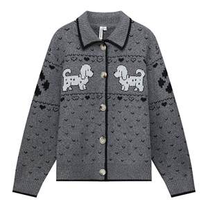美特斯邦威针织开衫女2026秋季新款费尔岛图案提花毛衣翻领外套潮