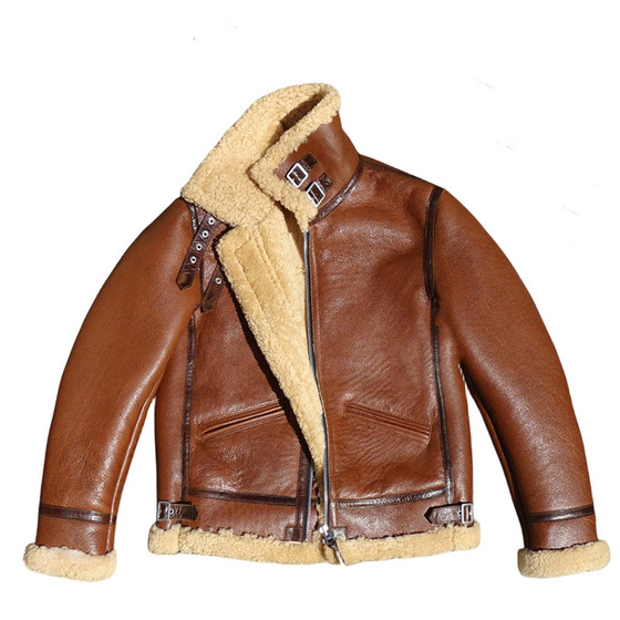 Limited time 799! Brown imported sheepskin fur integrated men's B3 thick warm retro classic leather jacket men