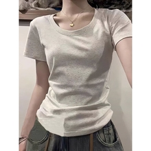 American style threaded gray front shoulder round neck short sleeved t-shirt for women with summer design sense, niche slim fit spicy girl short top