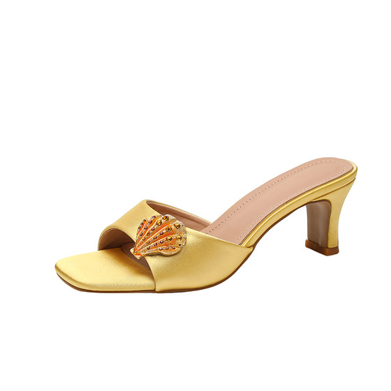 French satin sandals for women's summer outer wear, thick heels, stunning yellow rhinestone high heels, square toe slippers with skirt