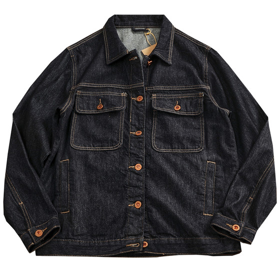 
Trendy brand heavyweight original color denim jacket for men straight fit lapel work jacket high street retro top