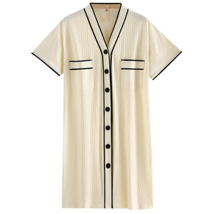 Jialefen nightgown women pajamas summer summer pure cotton short-sleeved shirt cardigan thin plus size long
