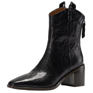 
RosaBianca light luxury sheepskin plus velvet hand-grabbed pointed toe short boots for women spring and winter V-mouth thick heel fashion slim boots