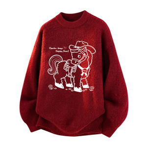 
Charles Heart's Zodiac Year Red Sweater Men's and Women's Couples' Tops Spring, Autumn, and Winter Knitted Sweaters New Year's Clothing Trend
