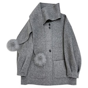 
Gray small short double-sided wool coat for women shawl scarf neck high-end wool ball cloak coat coat