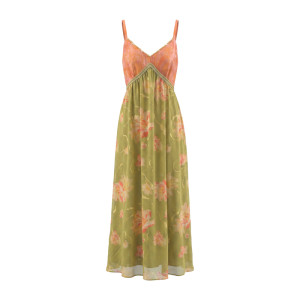 
Sun Yaqiao [orange-yellow-orange-green] summer color-blocked A-line long skirt hot stamping printed linen suspender dress