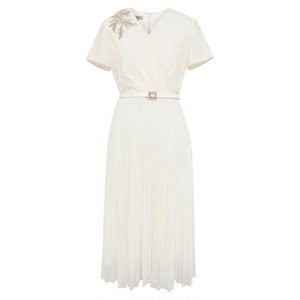 
Gilt color BBLLUUEE/Pink blue wardrobe 2026 summer women's romantic poetic pleated V-neck short-sleeved dress