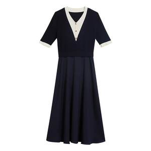 
YINER Autumn Fashion French Elegant High Waist Contrasting V-neck Fake Two-Piece Dress