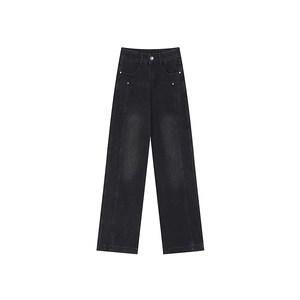 
Black and gray straight jeans for women in autumn and winter plus velvet for fat girls mm high waist loose slimming wide leg floor-length pants