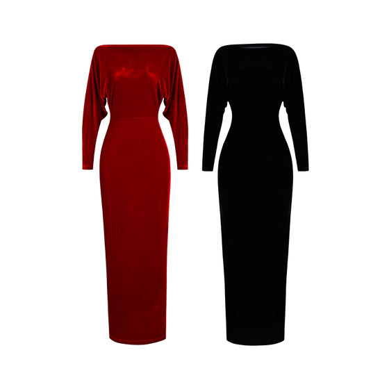 XULU original autumn and winter light luxury black velvet hip skirt elegant slim high waist one-line neck mutton sleeve dress