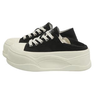 
F21 half-mug black canvas shoes for women, 6cm height increase, thick-soled, fashionable, versatile, casual, foot-showing small shoes