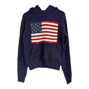 eihey American retro style flag pattern loose round neck slim pullover hooded knit sweater for women
