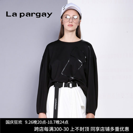 Lapargay纳帕佳2024春季新款女装黑色长袖印花宽松短款套头衫上衣