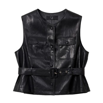 Blue Language Waist-Closed Leather Vest Mesh Dress Set