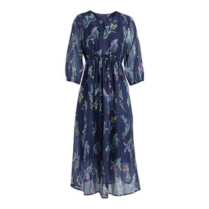 
Martinu's new autumn and winter V-neck printed French dress high-waisted long skirt fashionable temperament women's long skirt