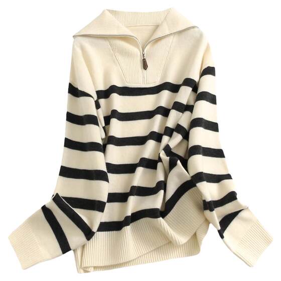 
Striped loose, slim, lazy, age-reducing, large lapel, half-zip pullover sweater, long-sleeved, versatile women's sweater M090
