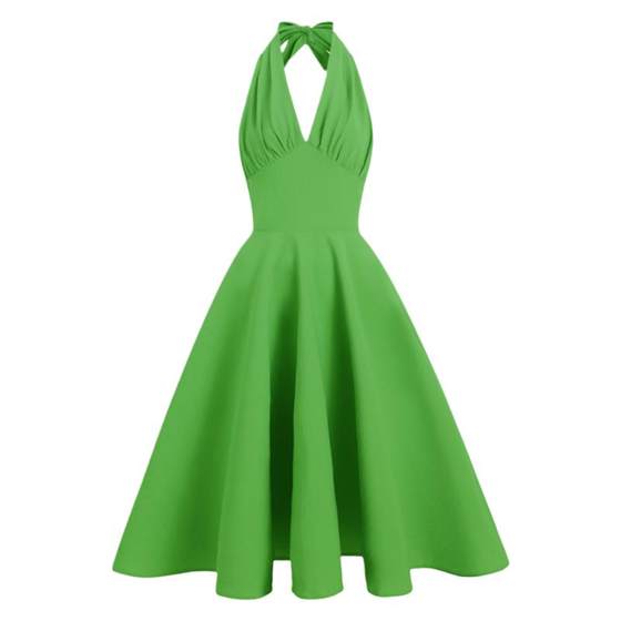 French retro temperament skirt Age sensor Hong Kong wind yellow green waist, thin hanging neck dress, summer dew high waist
