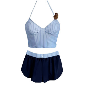 
Masked Cat Hot Girl Swimsuit Women's Hot Spring American Retro Blue Striped Small Breasts Push-Up Vacation Bikini