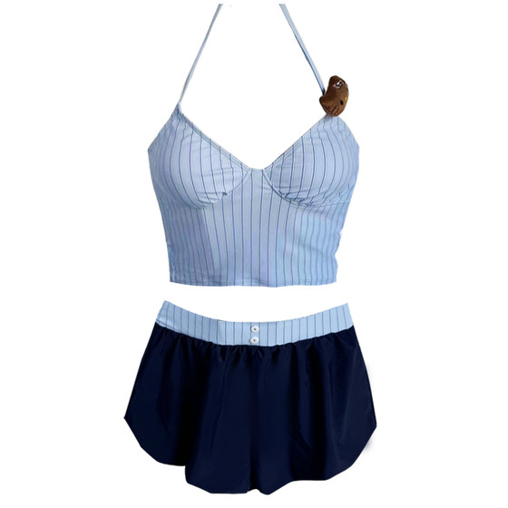 
Masked Cat Hot Girl Swimsuit Women's Hot Spring American Retro Blue Striped Small Breasts Push-Up Vacation Bikini