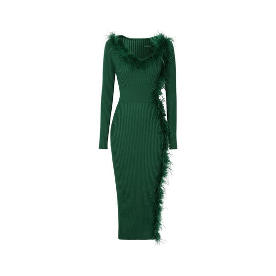 Xulu original autumn simple temperament, gentle, elegant high -waist solid color skirt exquisite feathers knitted dress
