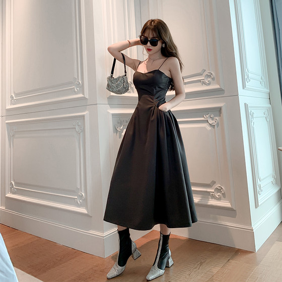 여성을위한 새로운 인기 블랙 섹시 슬링 바닥 허리 드레스 기질 여신 스타일 긴 풀 스커트