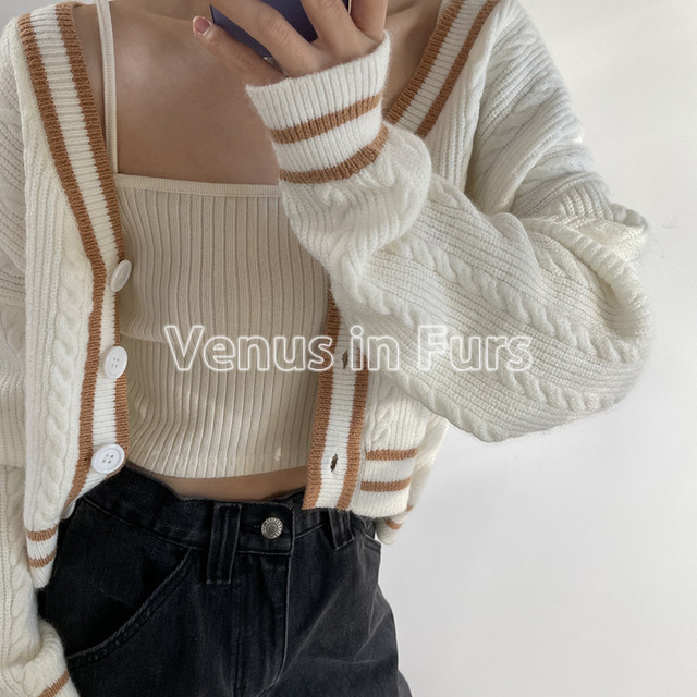 ແບບວິທະຍາໄລລະດູໃບໄມ້ປົ່ງແລະລະດູໜາວ ຫຼຸດນໍ້າໜັກແບບວ່າງໆ ແລະຫຼຸດອາຍຸການໃສ່ເສື້ອຍືດຄໍ V-knitted sweater cardigan ແຂນຍາວ
