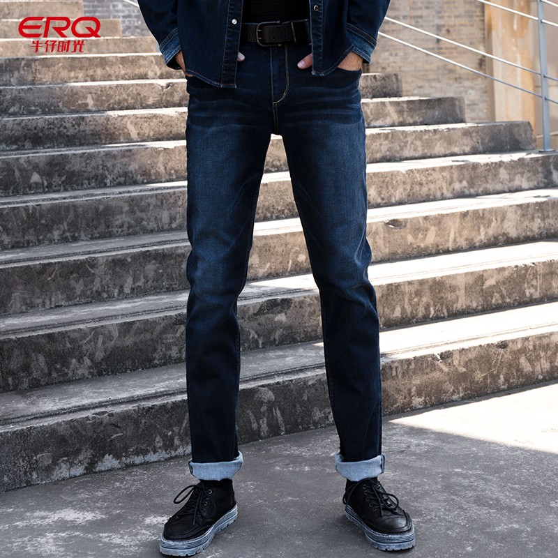 ERQ修身直筒牛仔裤男高弹力韩版高端丹宁水洗直筒长裤男士潮复古