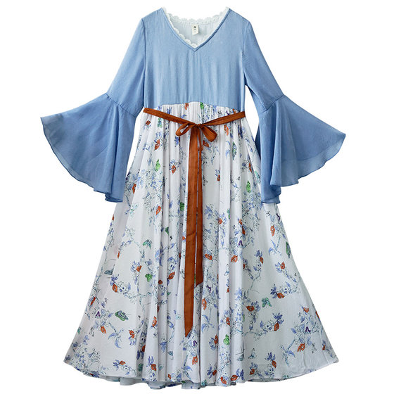 
Spot [Sheng Shengyue] Retro chiffon national style dress for women in spring and summer V-neck high-waist pullover print long skirt