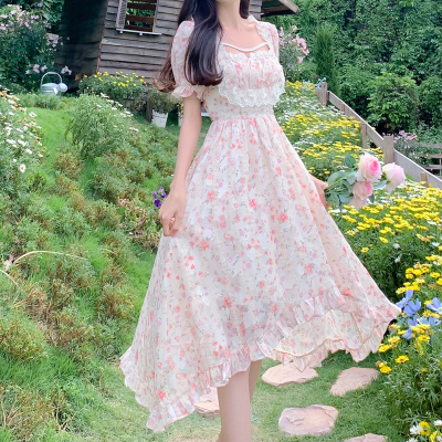 taobao agent Long skirt, brace, summer dress, plus size, floral print, puff sleeves
