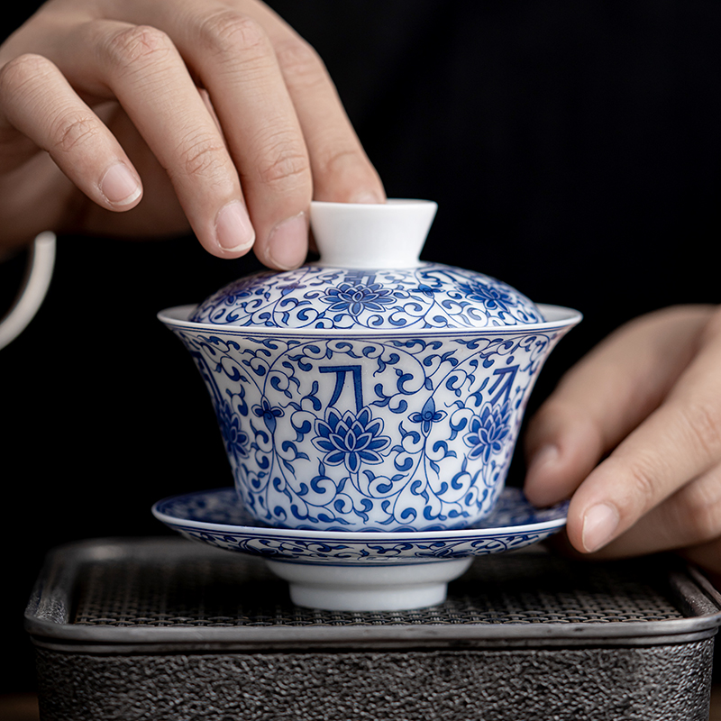 青花瓷三才盖碗茶杯白瓷单个茶碗陶瓷功夫泡茶器带盖薄胎不烫手