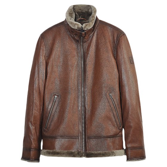 
MCS men's clothing originates from Marlboro autumn and winter stand-up collar diagonal pocket fur integrated goat leather genuine leather jacket for men