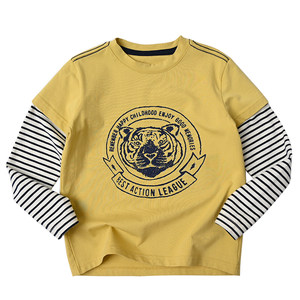 Fake two children's cartoon tiger T -shirt boys Girl long -sleeved bottoming shirts in the spring and autumn children's clothing