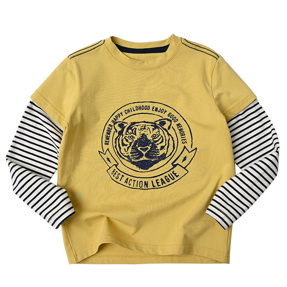 Fake two children's cartoon tiger T -shirt boys Girl long -sleeved bottoming shirts in the spring and autumn children's clothing