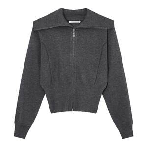 
Floating gray large lapel sweater cardigan 2025 winter new double zipper college style sheep wool top for women