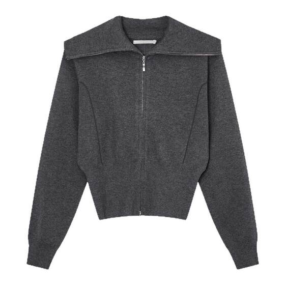
Floating gray large lapel sweater cardigan 2025 winter new double zipper college style sheep wool top for women