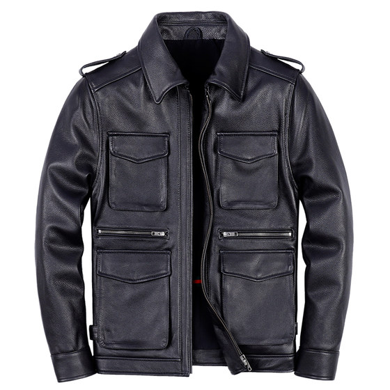 
Hunting genuine leather leather jacket top layer cowhide men's M65 multi-pocket lapel leather jacket casual cotton motorcycle jacket